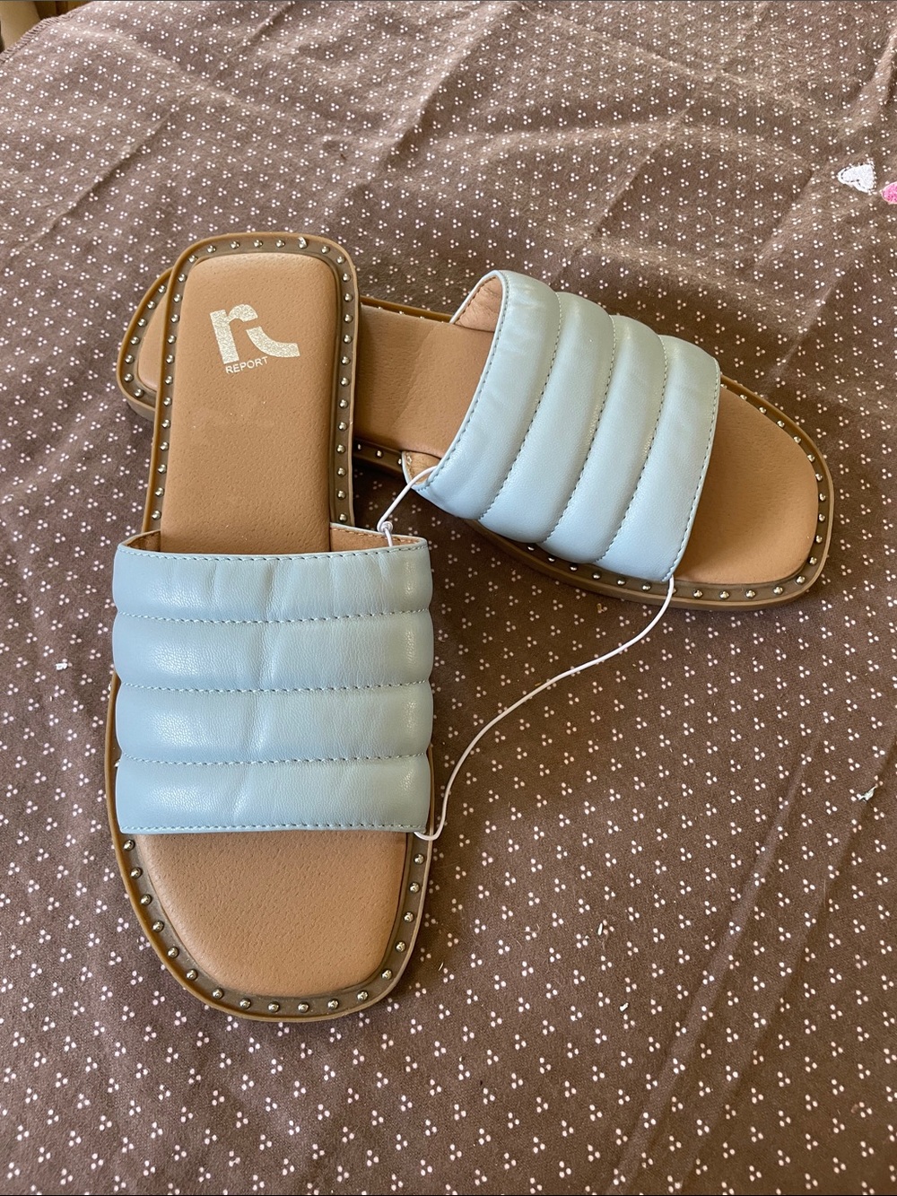 Report Powder Blue Quilted Slide Sandals with Studded Trim